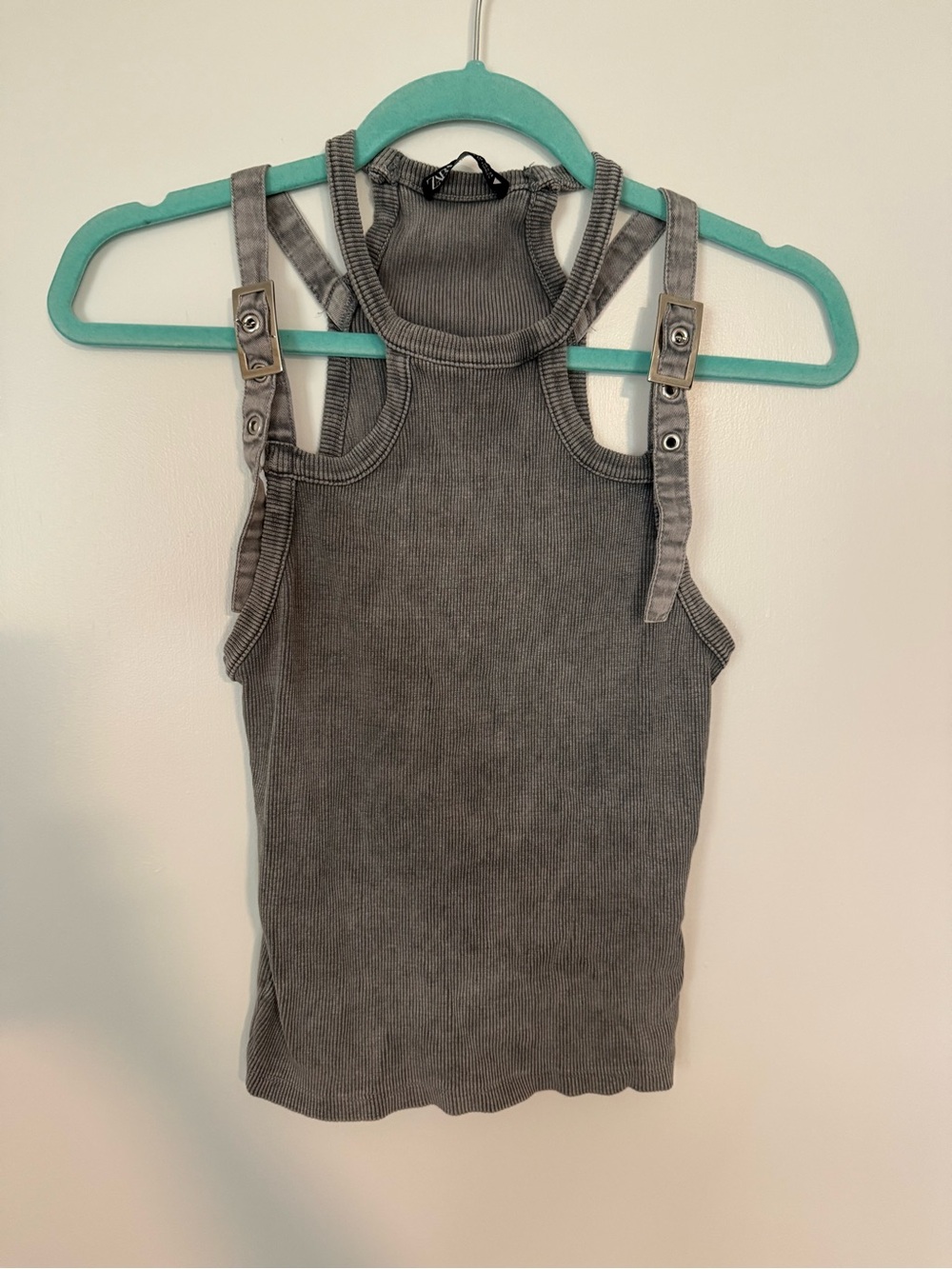 Zara Gray Ribbed Tank with Buckle Straps